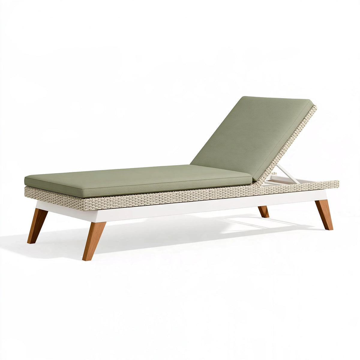 Lettino prendisole 200 x 75 x 35 cm in rattan sintetico beige con cuscino verde e schienale regolabile