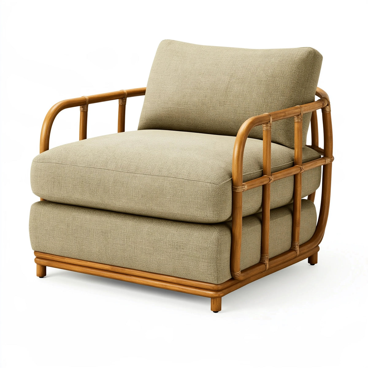 Poltrona 80 x 85 x 85 cm in rattan e tessuto beige - stile naturale con braccioli