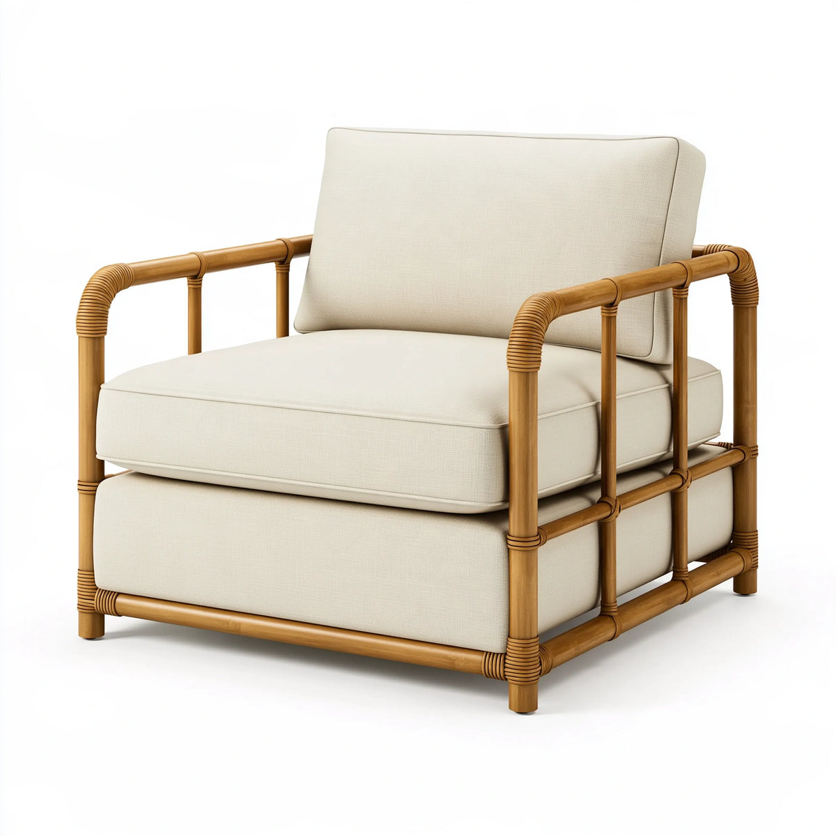 Poltrona 80 x 85 x 90 cm in bambù e tessuto beige - imbottita stile naturale
