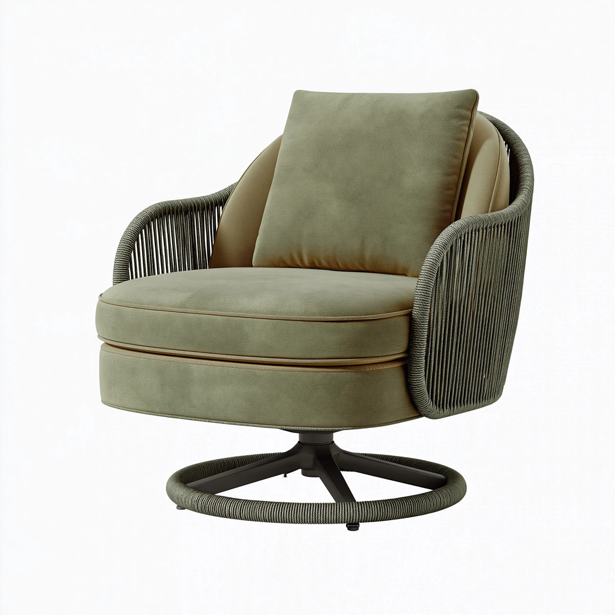 Poltrona girevole 85 x 85 x 92 cm in tessuto e corda verde salvia stile contemporaneo