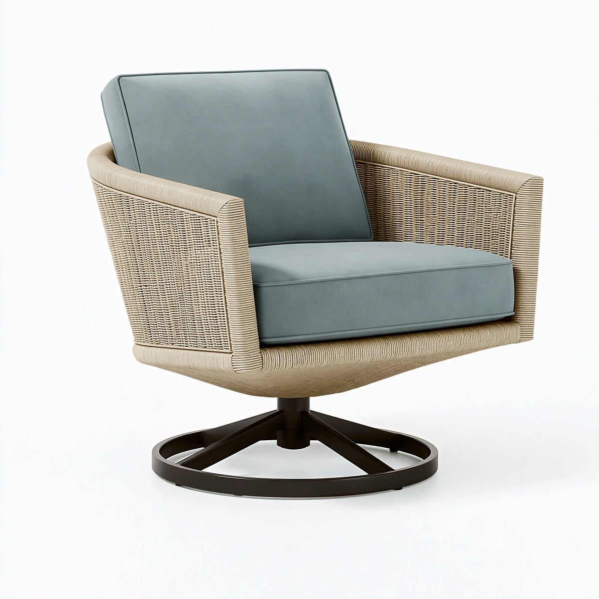 Poltrona girevole 76 x 78 x 90 cm in fibra intrecciata e tessuto grigio azzurro - stile contemporaneo
