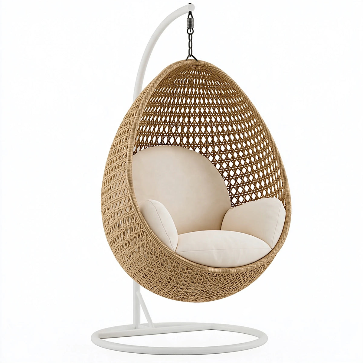 Poltrona sospesa 105 x 105 x 195 cm in fibra intrecciata naturale e metallo bianco con seduta imbottita